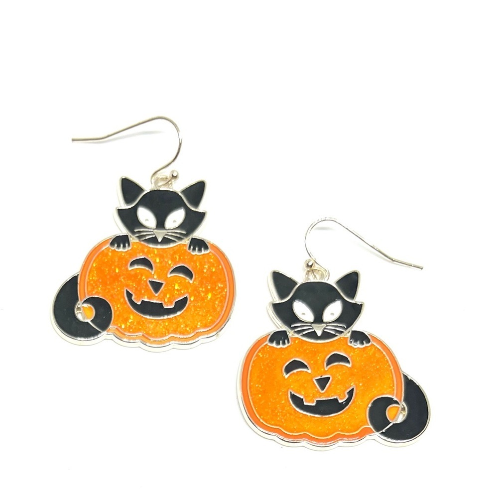 Halloween Black Cat on Pumpkin Earrings